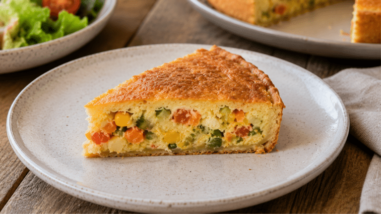 Fatia de torta salgada de liquidificador com legumes, servida em prato claro com salada ao fundo.