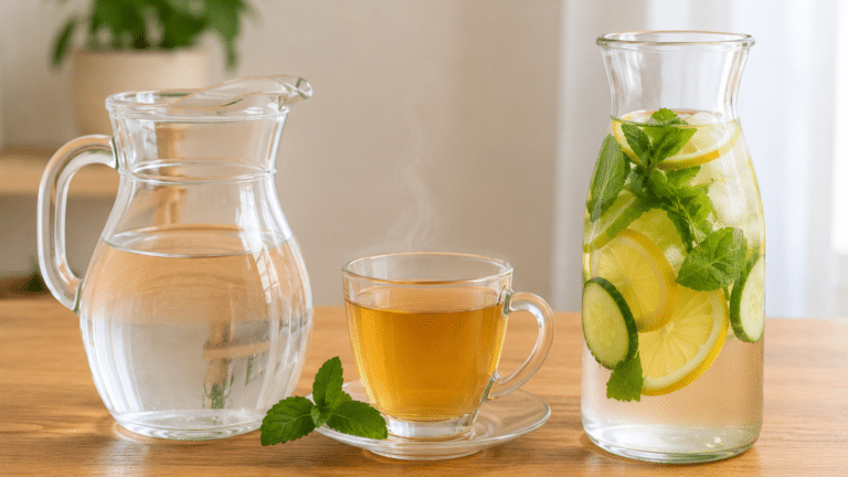 Jarra de água, chá natural e água saborizada com limão, pepino e hortelã
