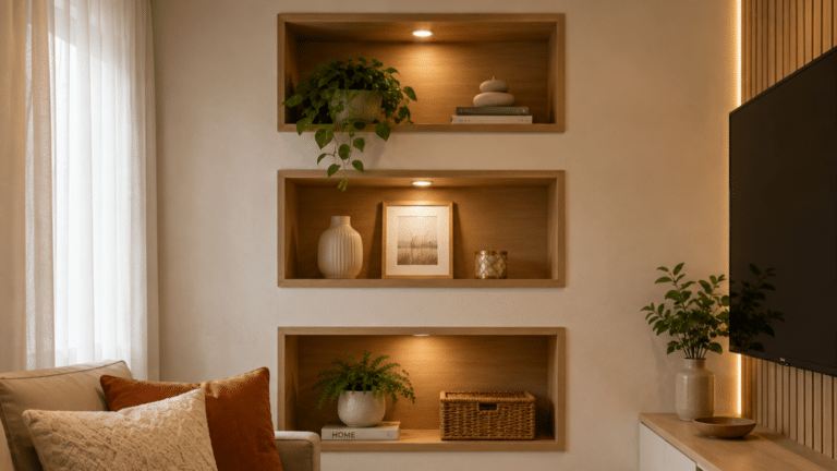 Nichos de madeira em sala pequena, usados para organizar plantas, livros e objetos decorativos sem ocupar espaço no chão.