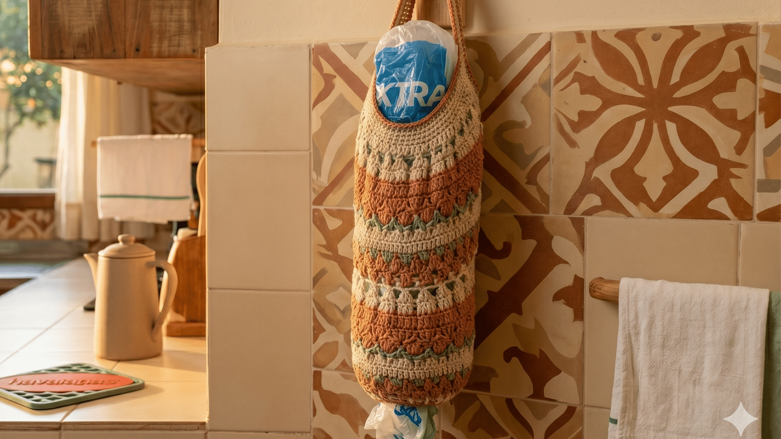 Puxa-saco de crochê: Organize sua cozinha com elegância