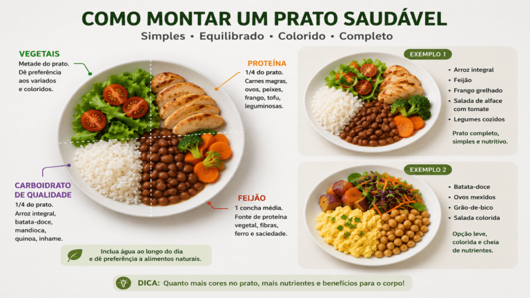 Infográfico simples mostrando como montar um prato saudável com vegetais, proteína, carboidrato de qualidade e feijão para uma refeição equilibrada.