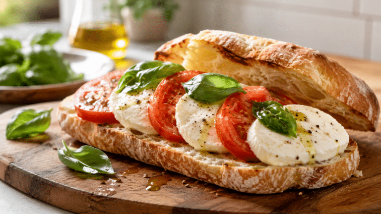 Sanduíche caprese com pão ciabatta tostado, tomate fresco, muçarela cremosa, folhas de manjericão e azeite sobre tábua de madeira.