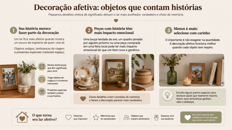 Infográfico sobre decoração afetiva com objetos antigos, lembranças de viagem, presentes especiais e peças com história para deixar o lar mais acolhedor.
