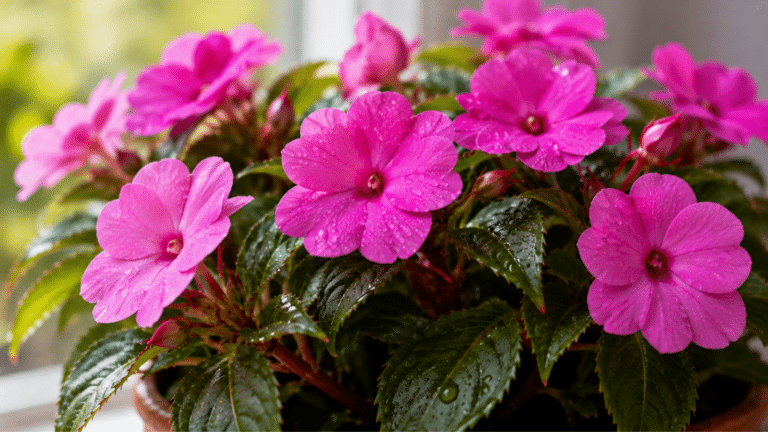 Close-up de impatiens rosa em vaso, com flores vibrantes, folhas verdes brilhantes e gotas de água que realçam a delicadeza da planta.