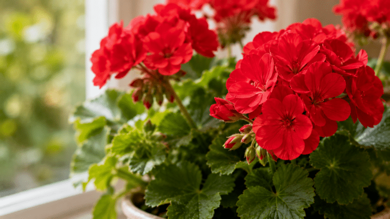 Close-up de gerânio vermelho em vaso, com flores vibrantes e folhas verdes iluminadas pela luz natural, ideal para decorar janelas e cantinhos da casa.
