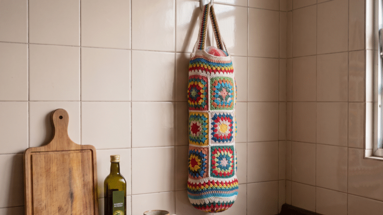 Puxa saco colorido em croche na cozinha