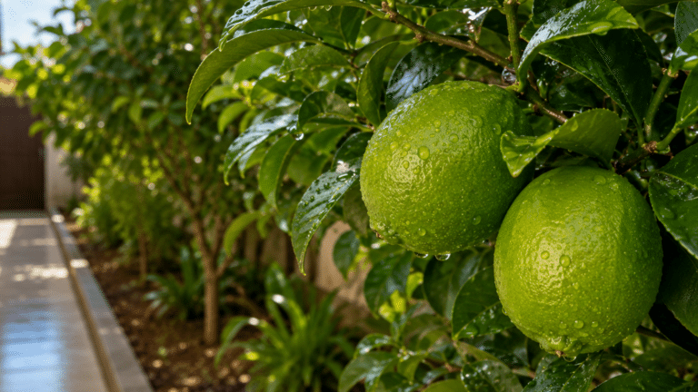 Close-up de limões verdes no limoeiro, com folhas brilhantes e destaque para os frutos em um quintal pequeno e bem cuidado.
