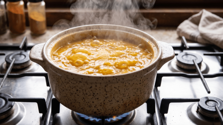 Panela com sopa de abóbora sendo preparada 