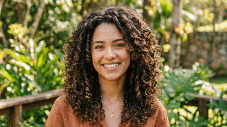 Mulher com cabelo cacheado em camadas