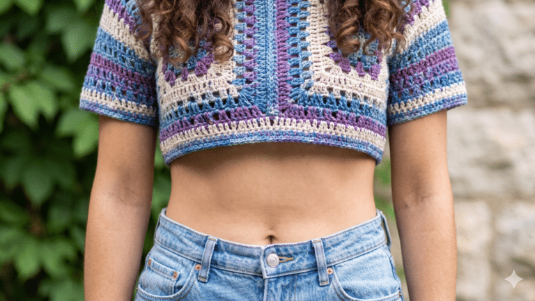 Mulher com cropped em crochê em cor azul