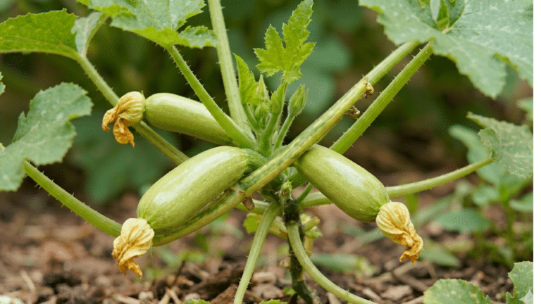 Planta de abobrinha com fruto nascendo 