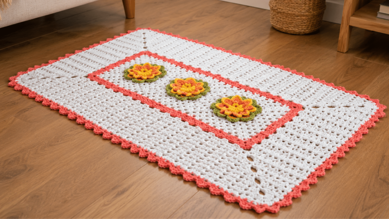 Como fazer um tapete de crochê retangular com flores e com gráfico de apoio