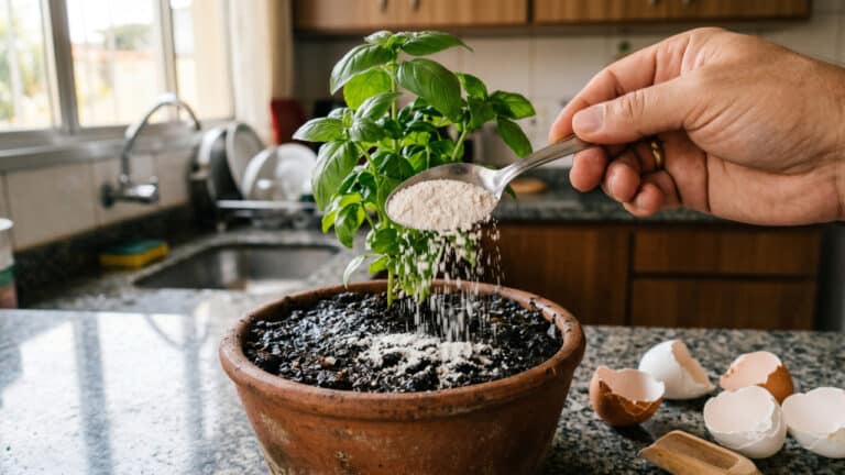 Despejando cascas de ovos trituradas sober a terra de vaso com planta
