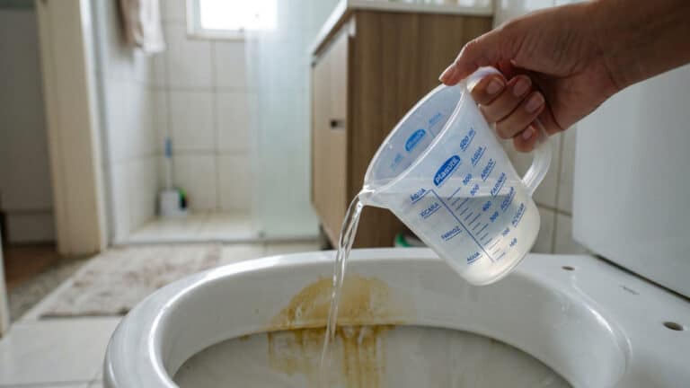 Despejando líquido para dissolver mancha no vaso sanitário