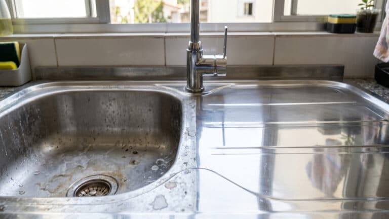 Diferença clara de inox na pia com brilho e limpo e outro opaco e sujo