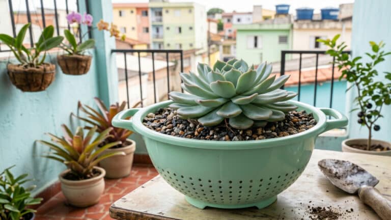Escorredor de macarrão de plástico usado servindo como vaso de plantas para suculenta no jardim suspenso da varanda de casa