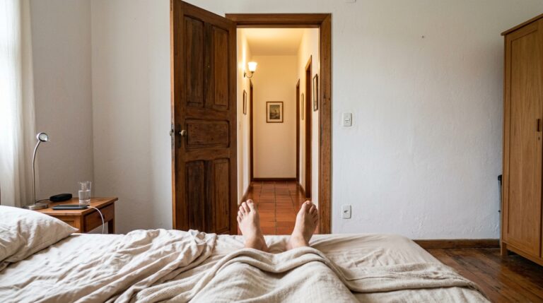 Visão em primeira pessoa a partir de uma cama, mostrando pés descalços sob um edredom claro. À frente, uma porta de madeira antiga aberta revela um corredor iluminado com piso de cerâmica tradicional.