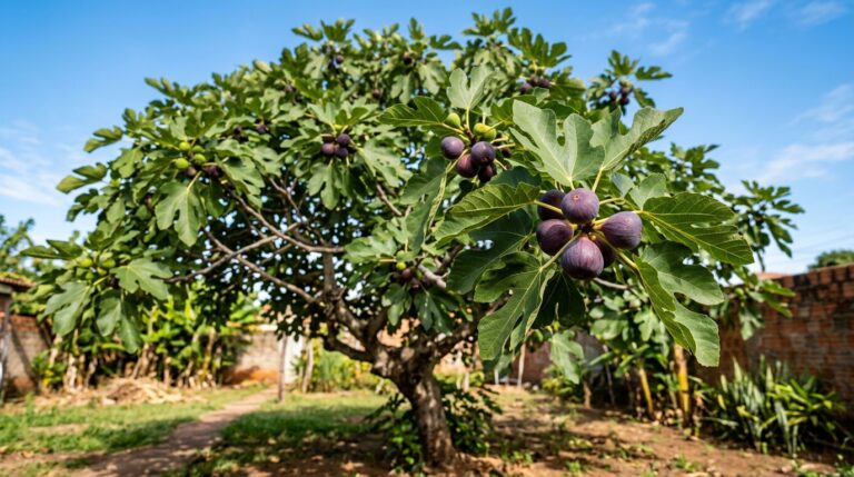Figueira grande com folhas verdes largas e caracteristicamente recortadas, exibindo vários figos roxos maduros pendurados nos galhos em um quintal rústico.