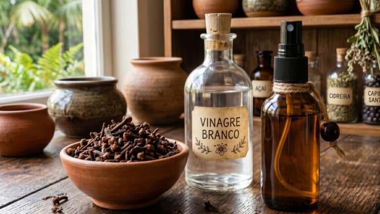 Frascos com ingredientes para limpeza aromática em casa