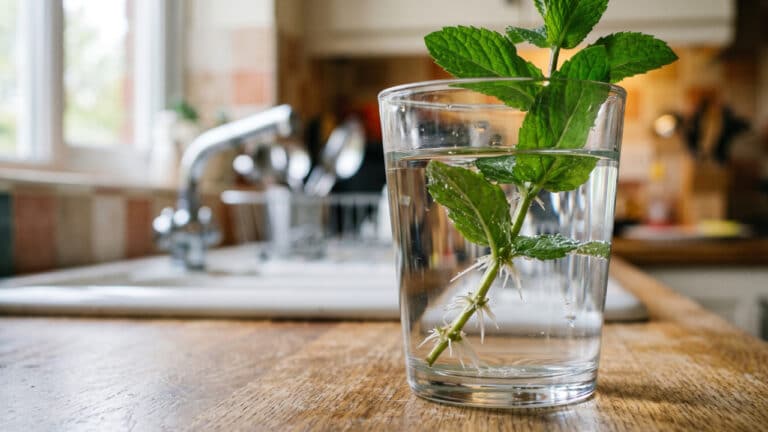 Galho de menta dentro de copo com água