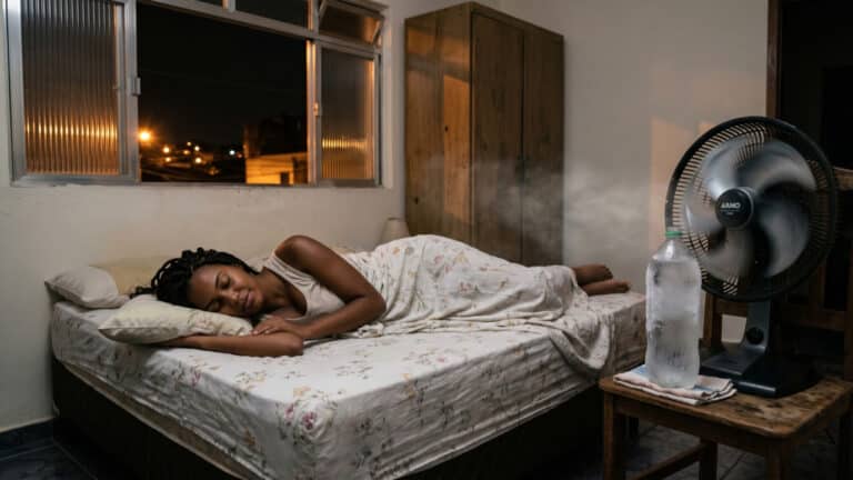Garrafa de água em frente ao ventilador para resfriar o ambiente com mais eficácia