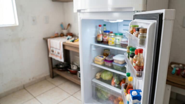 Geladeira aberta com itens consumíveis