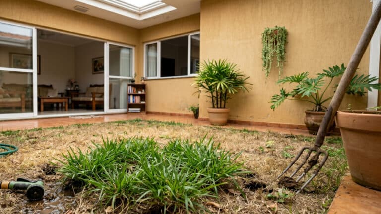 Grama replantada e regada no jardim de casa