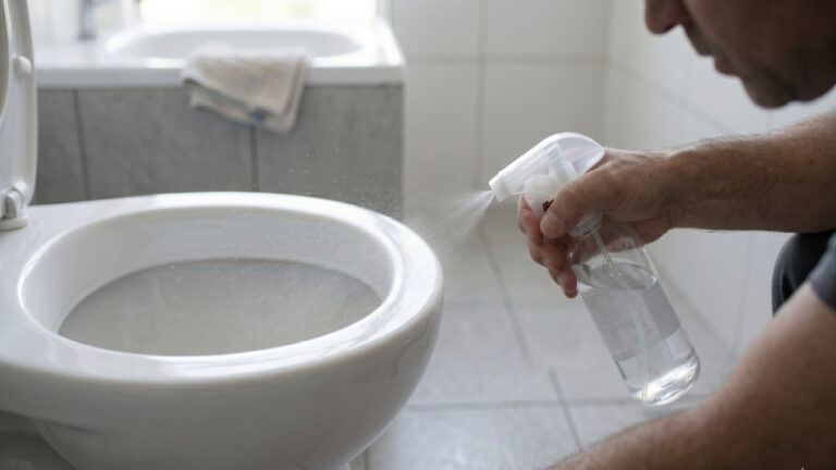 Homem aplicando vinagre nas bordas do vaso sanitário