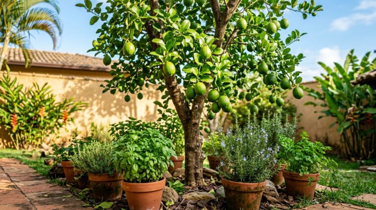 Limoeiro pequeno e carregado de frutos verdes em um quintal ensolarado, com diversos vasos de barro contendo ervas aromáticas dispostos ao redor de seu tronco.