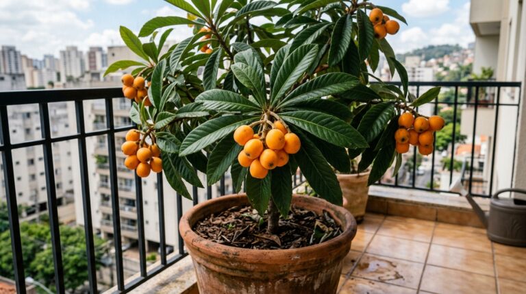 Nespereira cultivada em um grande vaso de terracota localizado em uma varanda de apartamento, exibindo cachos de nêsperas amarelas maduras com prédios ao fundo.