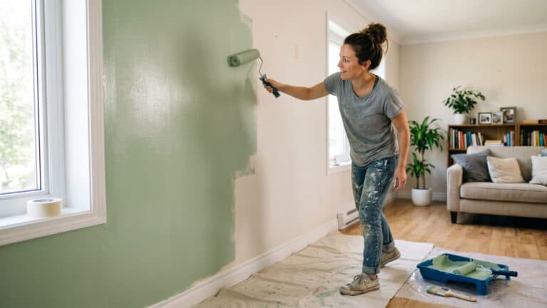 Mulher realizando pintura em sala de casa com tinta verde