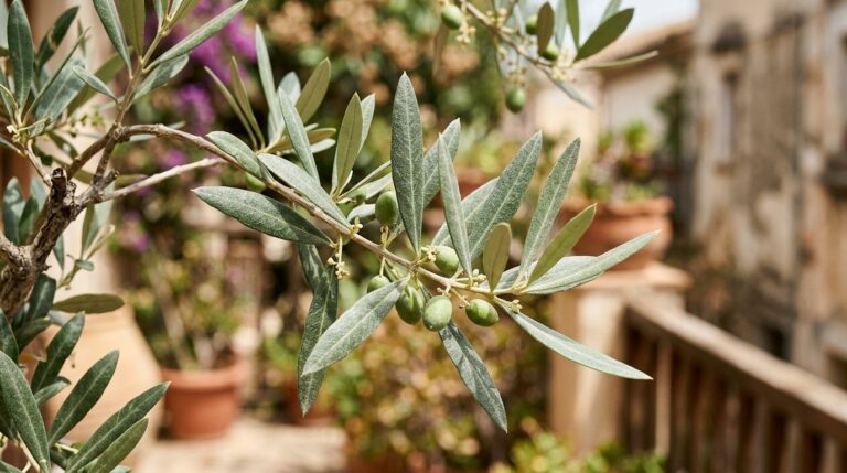 Ramo de oliveira em foco, destacando folhas verde-acinzentadas e pequenas azeitonas verdes em desenvolvimento. Ao fundo, levemente desfocada, uma varanda rústica com vasos de terracota e flores.