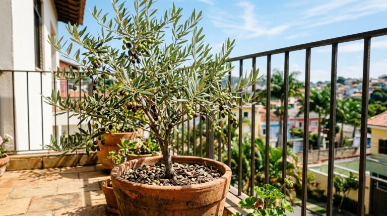 Pequena oliveira com azeitonas escuras nos galhos, plantada em um vaso redondo de terracota sobre piso rústico. A planta está em uma varanda com guarda-corpo de metal preto e vista para um bairro urbano arborizado sob céu azul.