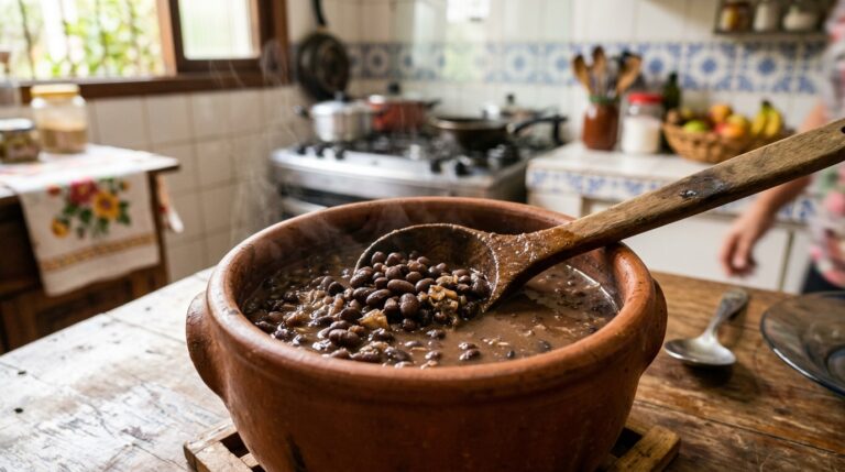 Panela de barro rústica cheia de feijão preto cozido e fumegante com caldo espesso, servido sobre uma mesa de madeira. Uma concha de pau repousa dentro da panela.