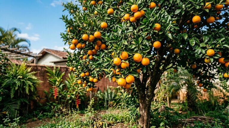 Laranjeira frondosa carregada de laranjas maduras sob um céu azul, localizada em um quintal residencial ensolarado com outras plantas tropicais ao fundo.