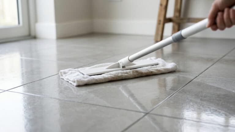 Pano limpando piso cerâmico com brilho após uso de água com sal