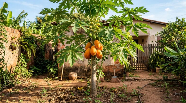Pé de mamão com frutos maduros em quintal doméstico ensolarado