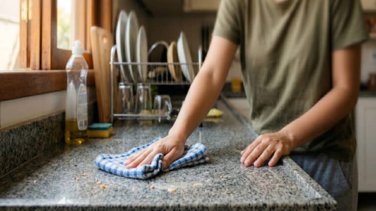 Pessoa limpando pia da cozinha com pano umedecido