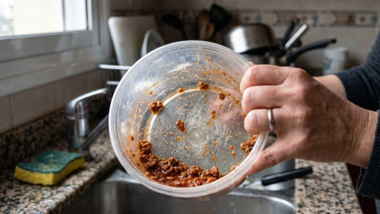 Pessoa mostrando pote de plástico bem usado com resto de comida ainda dentro
