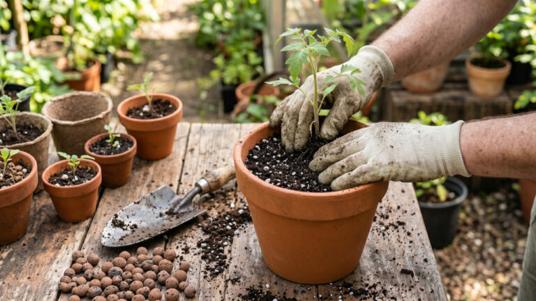 Pessoa plantando muda em vaso no jardim