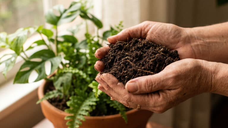 Pessoa segurando punhado de terra com as mãos para vaso de plantas