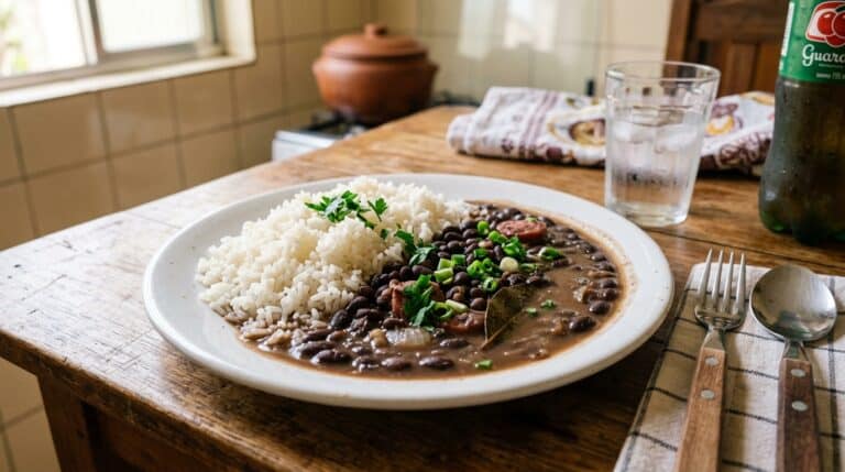 Prato branco farto servido com arroz branco soltinho e feijão preto de caldo espesso com pedaços de carne, decorado com cheiro-verde e folha de louro. O prato está sobre uma mesa de madeira rústica, acompanhado de talheres e um copo de água com gelo.