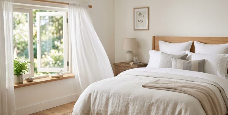 Quarto arrumado com janela aberta para ventilação