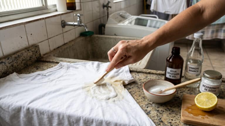 Removendo mancha de camiseta branca sobre a pia da cozinha