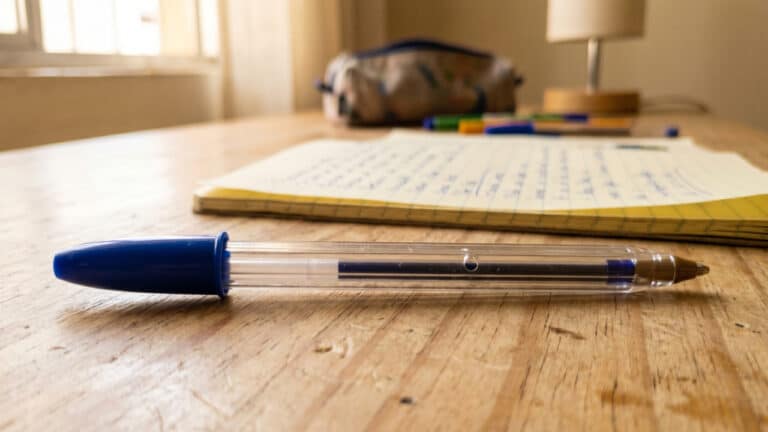 Representação de caneta BIC sobre a mesa de estudos