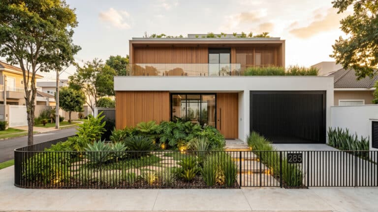 Residência com design moderno e gradil baixo cercando o terreno