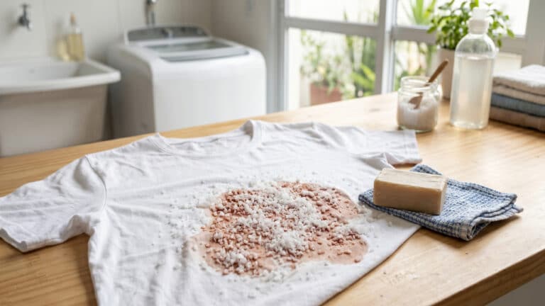 Solução com sal agindo sobre mancha em roupa branca
