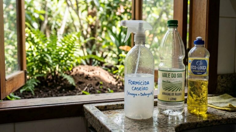 Garrafa borrifadora com rótulo escrito formicida caseiro (vinagre + detergente), ao lado de frascos de vinagre de álcool e detergente neutro em uma bancada de pia de granito, com vista para o jardim.