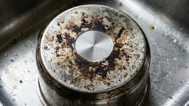 Fundo de uma panela de aço inox virada para baixo dentro de uma pia, apresentando espessas crostas escuras de gordura e resíduos severamente queimados.
