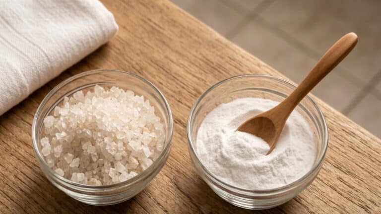 Tigelas com sal grosso e bicarbonato de sódio